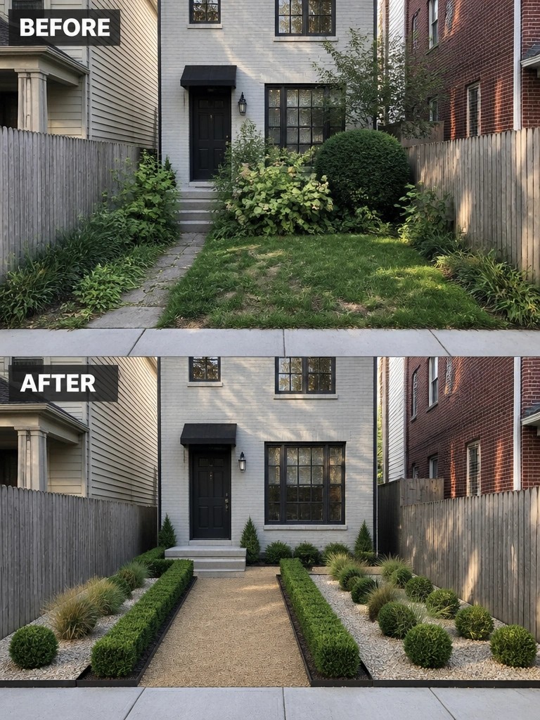 Before and after of overgrown front yard transformed into modern gravel garden with hedges