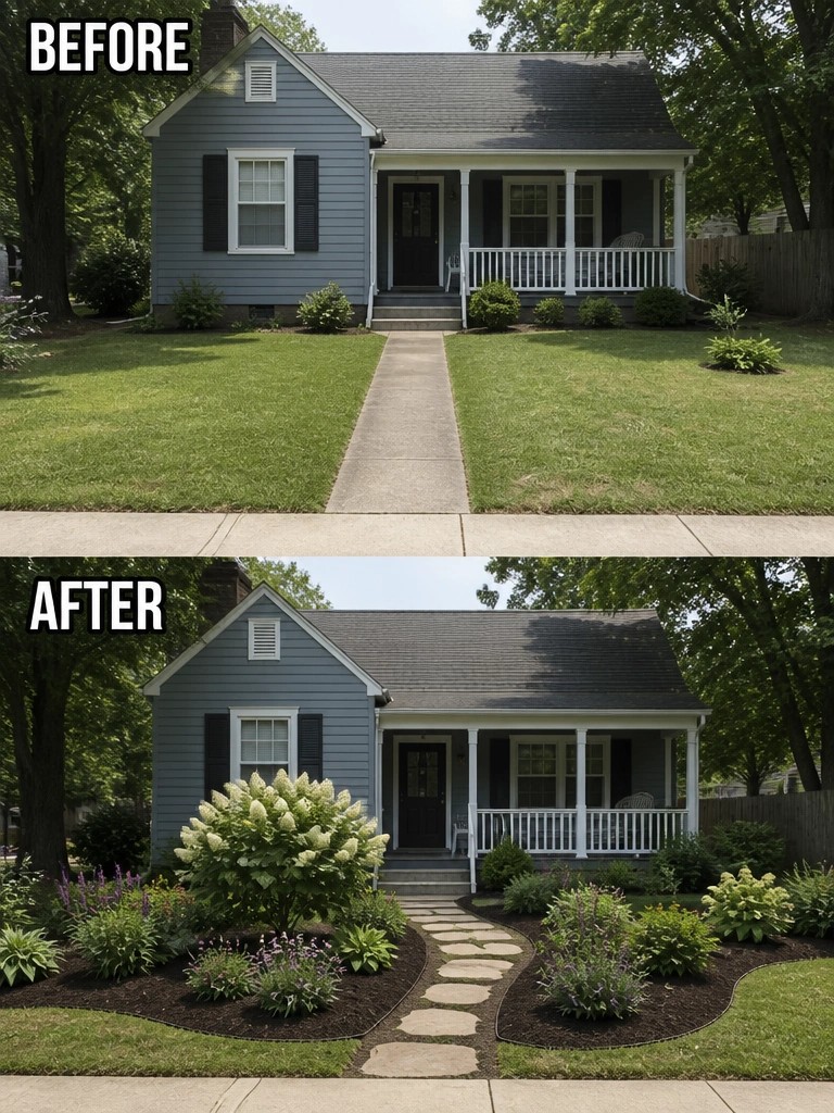 Before-and-after image of a front yard showing a straight concrete path and open lawn changed to curved mulched planting beds with a stepping stone walkway.