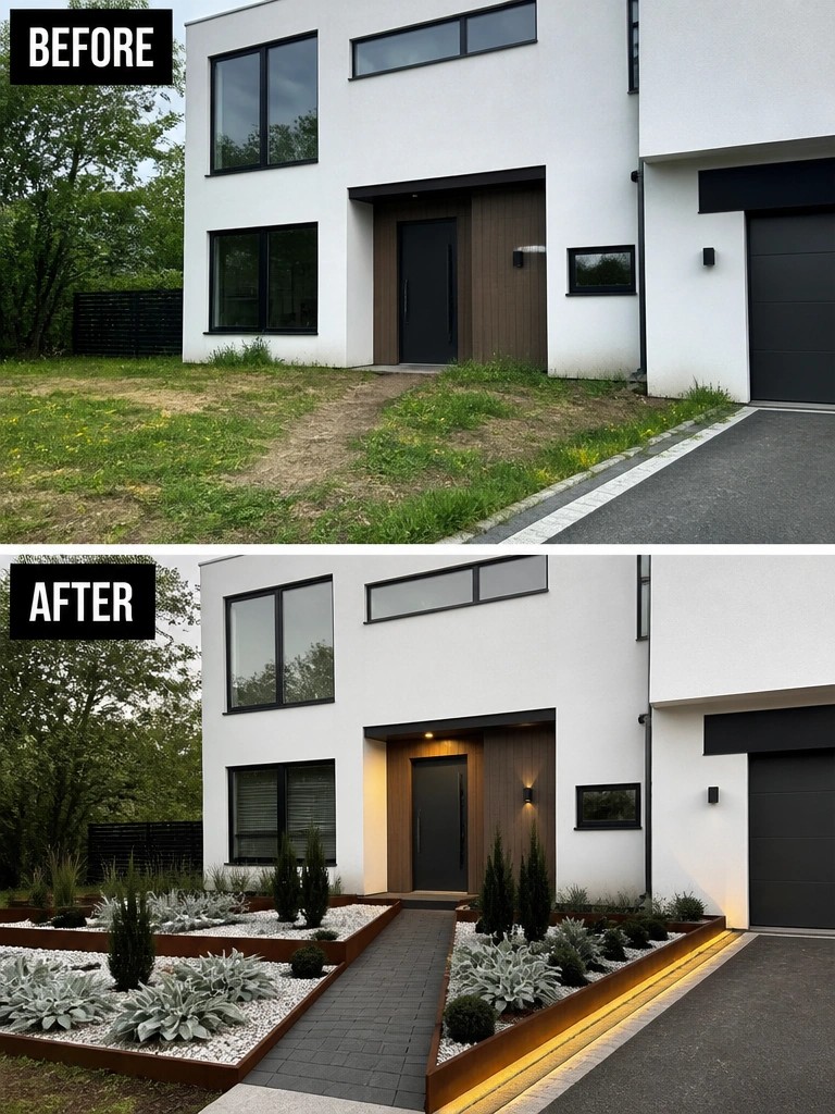Before and after of white modern house with new landscaped garden beds and pathway
