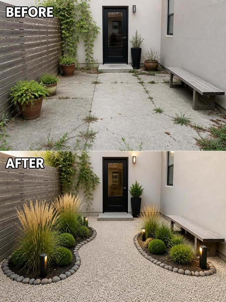 Before and after of concrete courtyard transformed into landscaped gravel garden with plants and lights.
