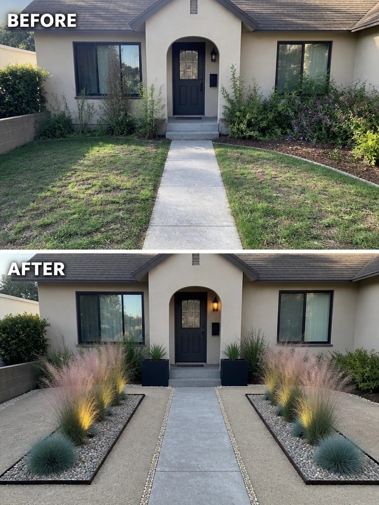 Before and after views of house entrance with modern gravel landscaping replacing lawn.