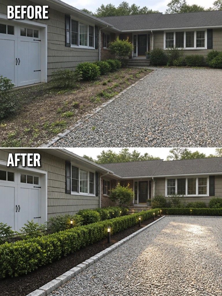 Before and after of house exterior with upgraded landscaping, mulch and pathway lights.