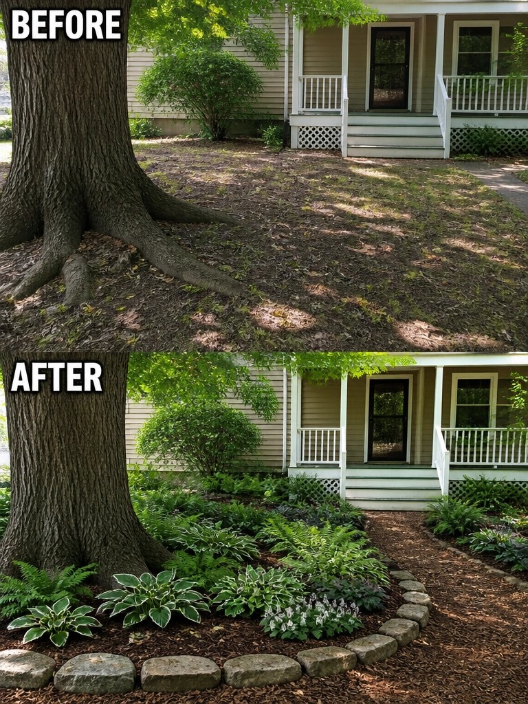 Before and after tree landscaping with mulch, plants and rock border