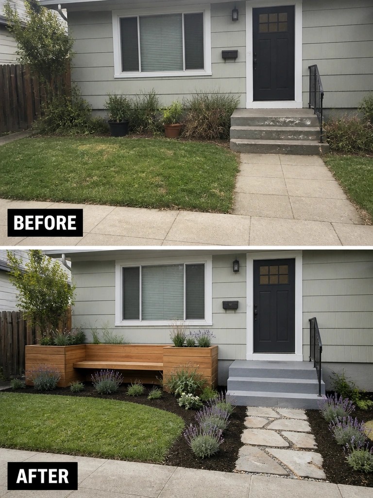 Before-and-after image of a front yard with an open lawn and plain path transformed by defined mulch planting beds, a wooden bench-planter, and a stone walkway.