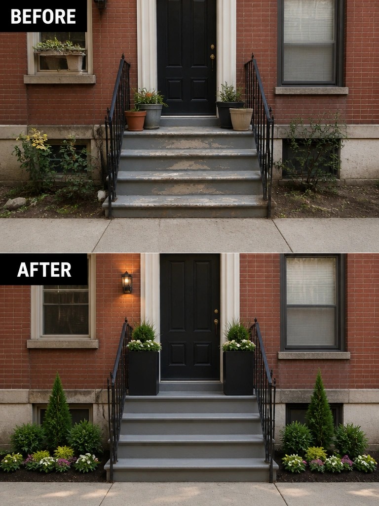Before and after of brick house entrance with new planters, plants and lighting.