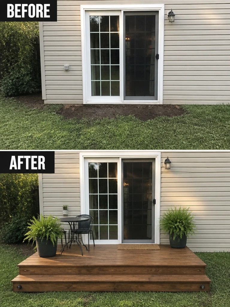 Before-and-after image of a house exterior showing bare grass and dirt replaced by a wooden deck with a small table, chairs, and potted plants.