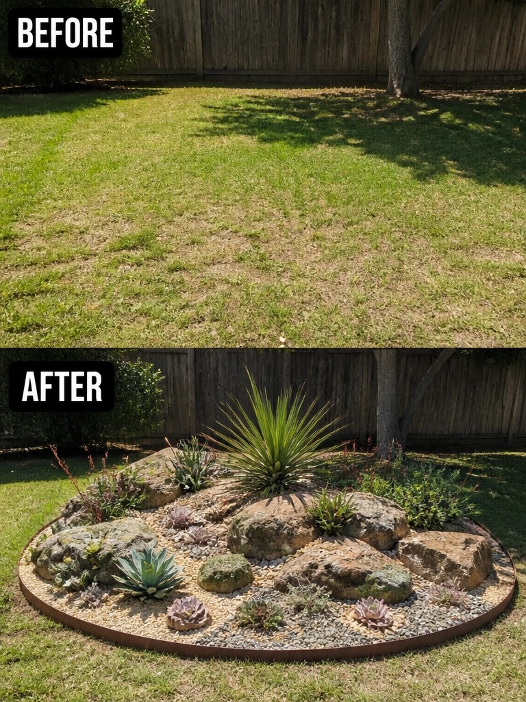 Before grassy lawn and after circular rock garden with succulents and boulders