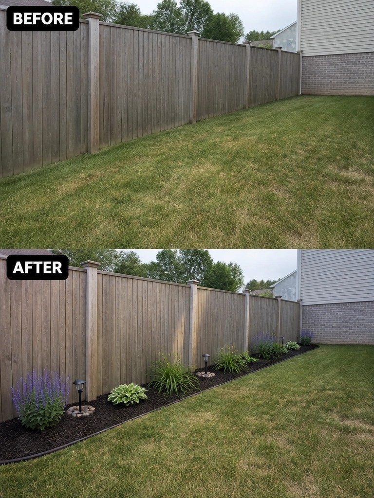 Before and after backyard fence with new garden bed, plants and lights added.
