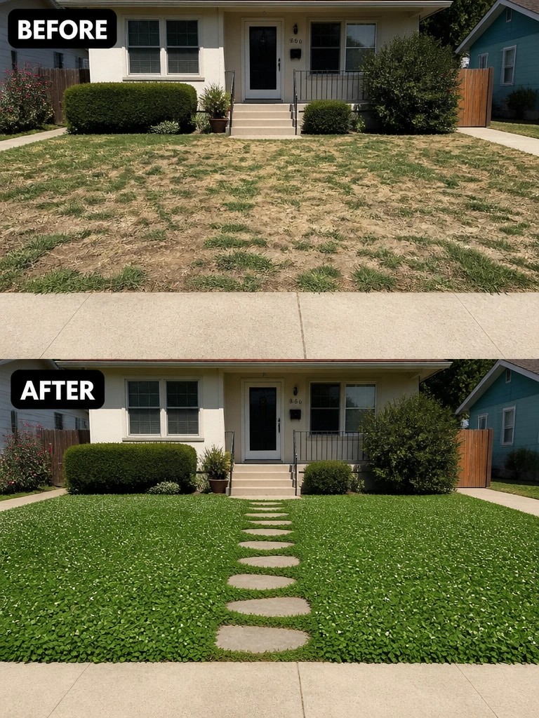 Before-and-after house yard: dry brown lawn above, lush green with stone path below.