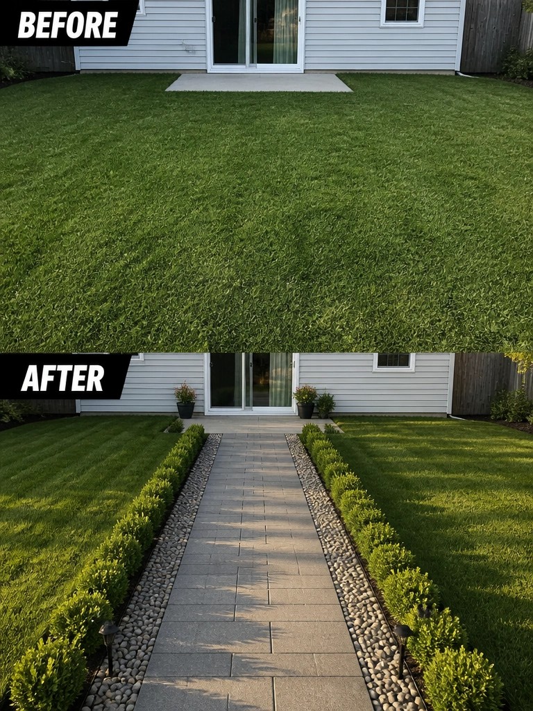 Before-and-after image of a plain grass lawn transformed with a paved walkway, gravel borders, and planted shrubs leading to the house.