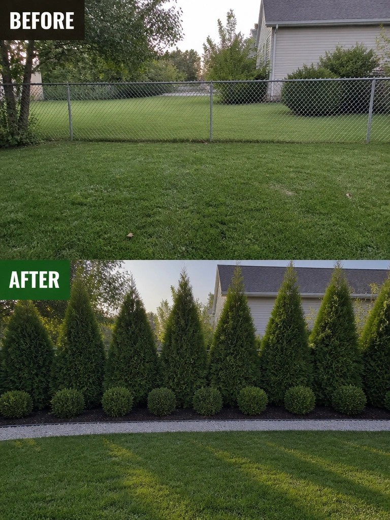 Before-and-after image of a plain grassy yard behind a chain-link fence changed by a row of tall evergreen trees and low rounded shrubs planted in a mulched bed along the fence.