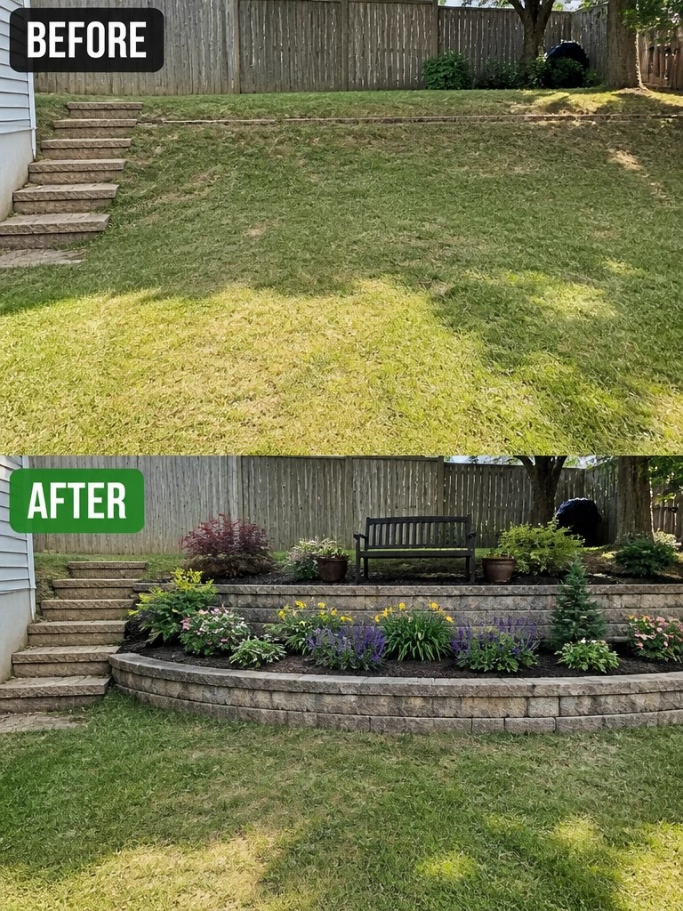 Before and after of grassy slope turned into flower garden with bench and wall
