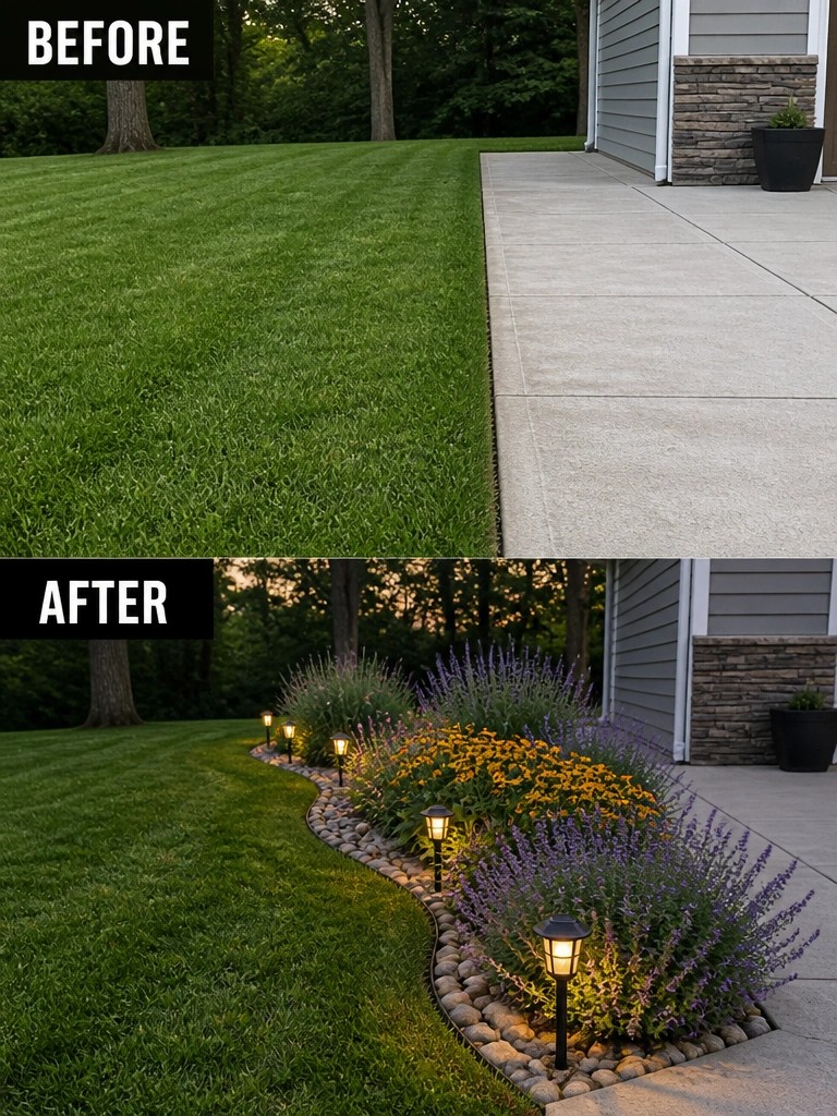 Before and after of lawn edged with rock garden, flowers and lights