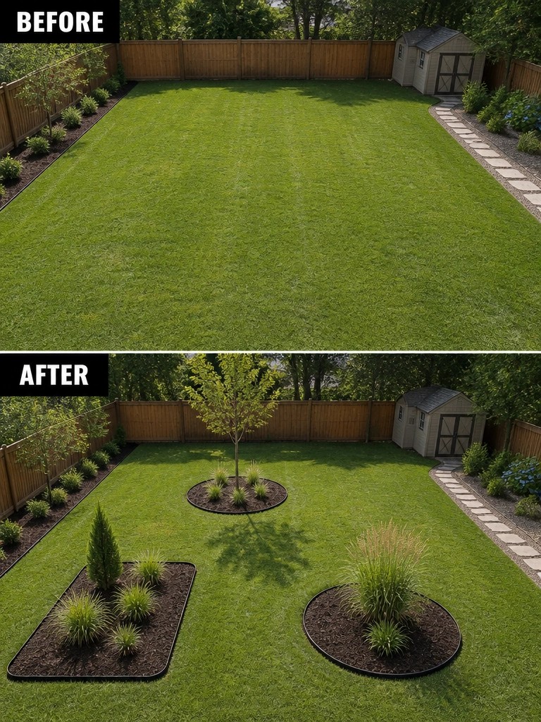 Before and after backyard with new trees, shrubs, and mulched garden beds added