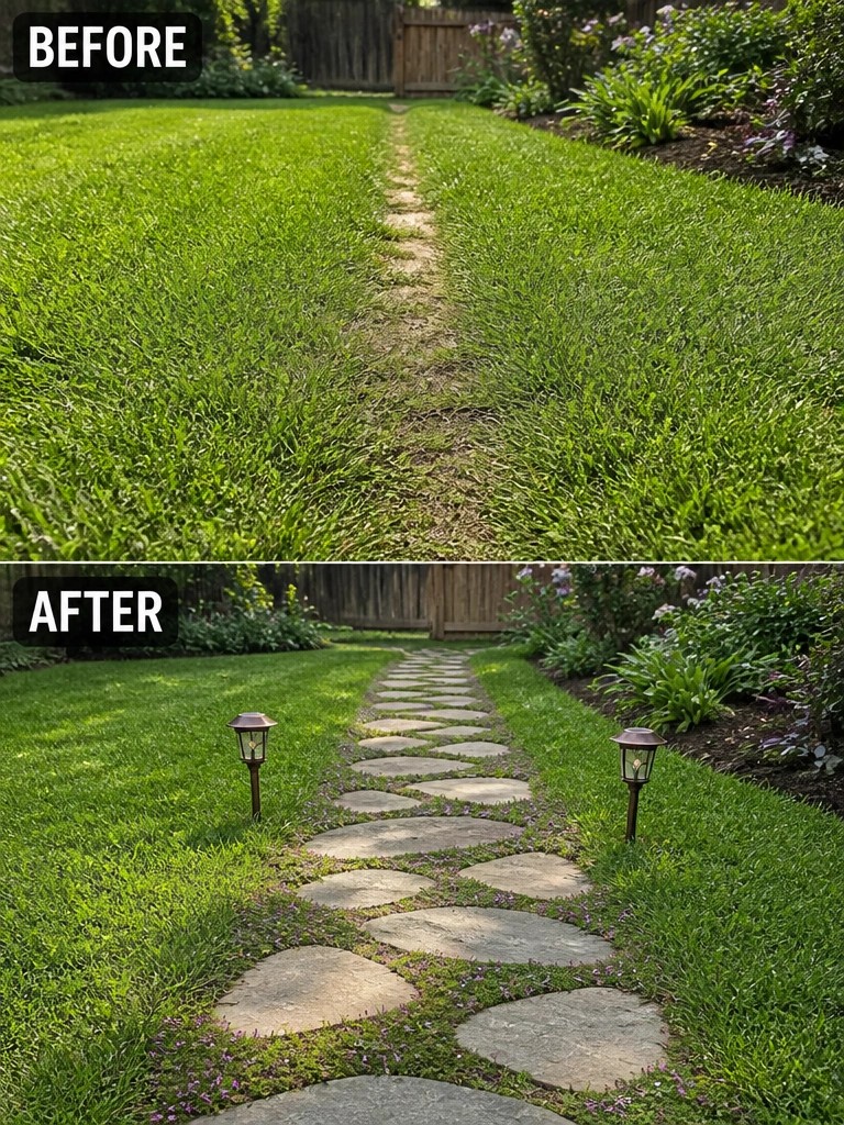 Before-and-after image of a plain grass yard with a dirt path changed into a lawn with a stone paver walkway and flanking lights.