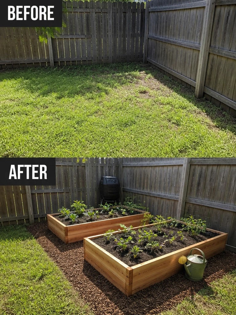 Before grassy yard and after with wooden raised garden beds and mulch.