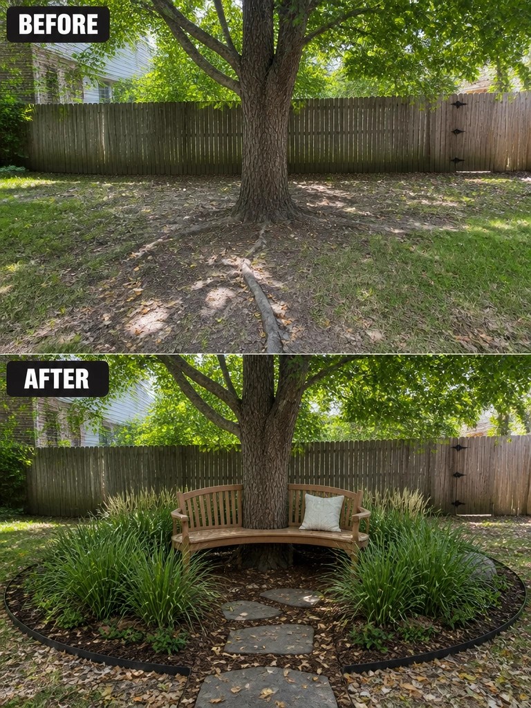 Before and after of tree with added bench, plants, and stone path