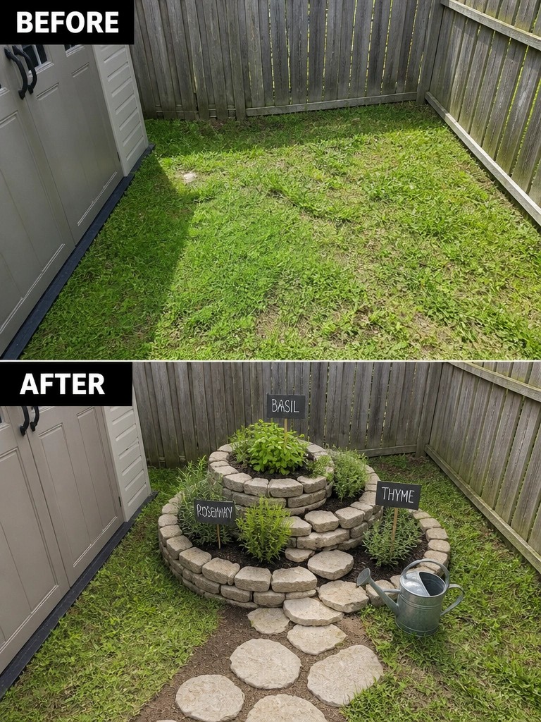 Before-and-after image of a plain grassy backyard transformed with a circular stone herb garden and a stone path.