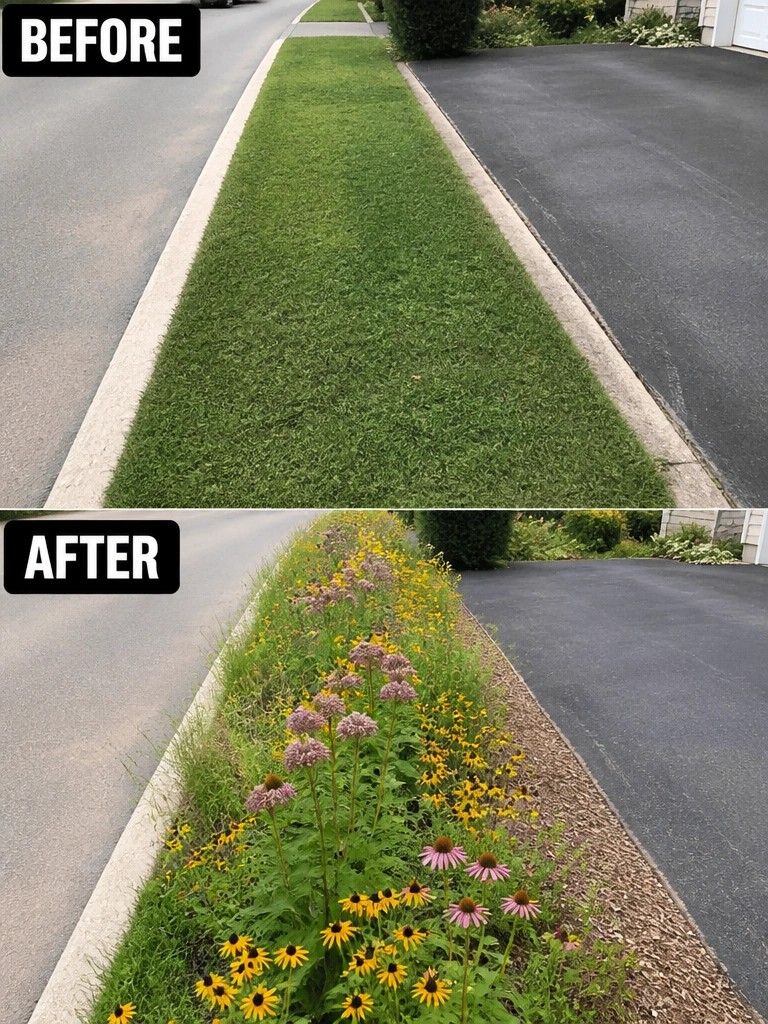 Before-and-after roadside strip transformed from grass into colorful wildflower garden.