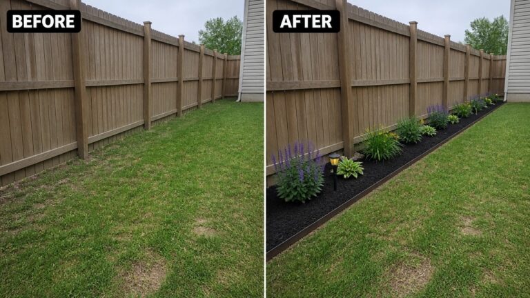 20 Simple Yard Before and After Ideas for Plain Grass Areas Before and after backyard fence with new garden bed, plants and lights added.