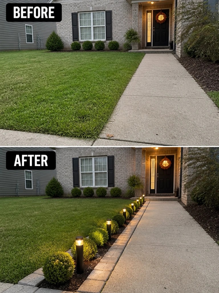 Before-and-after image of a plain front yard with a concrete walkway transformed by adding a row of pathway lights and bordered planting beds with shrubs.