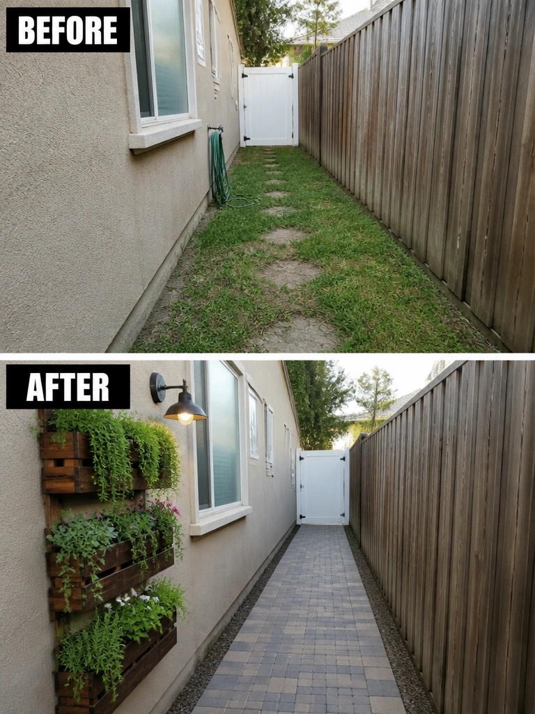 Before and after of narrow yard: grassy path to paved walkway with vertical planters.