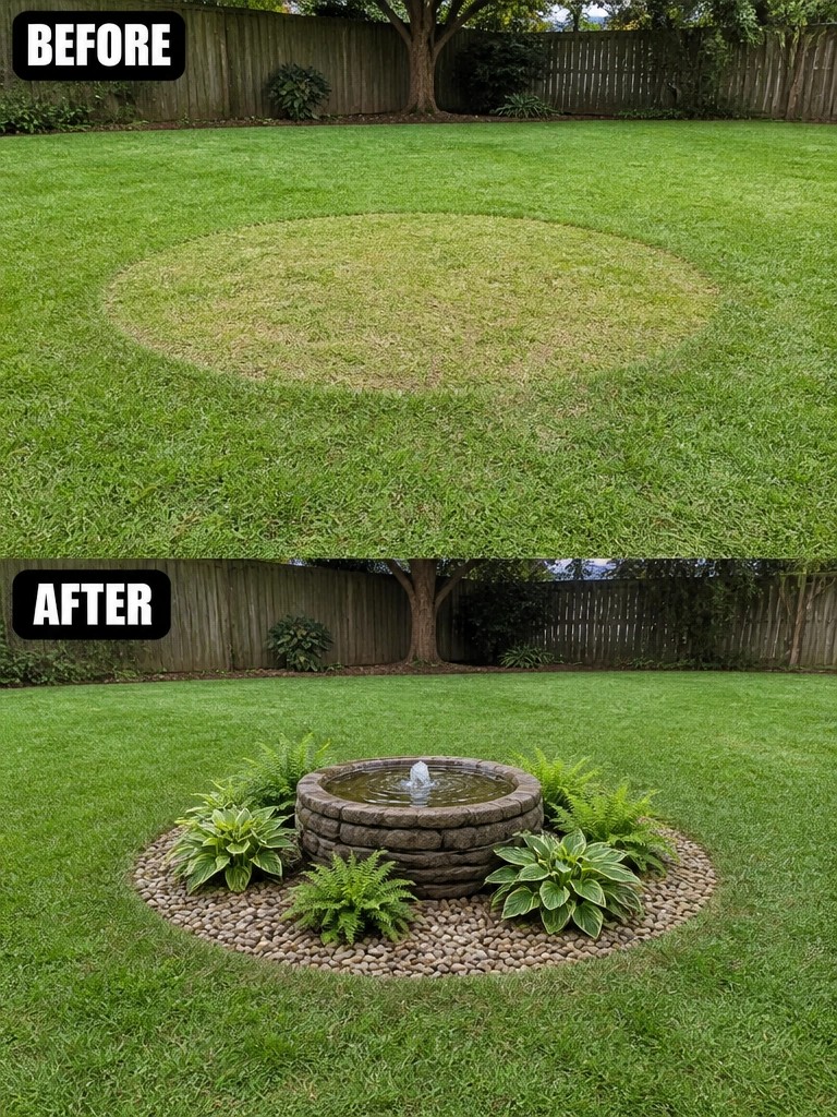 Before-after lawn: dead grass circle transformed into pebble fountain garden with plants.