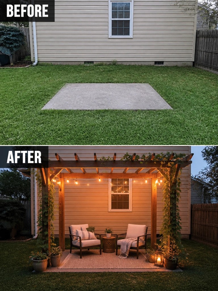 Before-and-after image of a plain concrete slab on grass turned into a pergola-covered patio with seating, string lights, and potted plants.