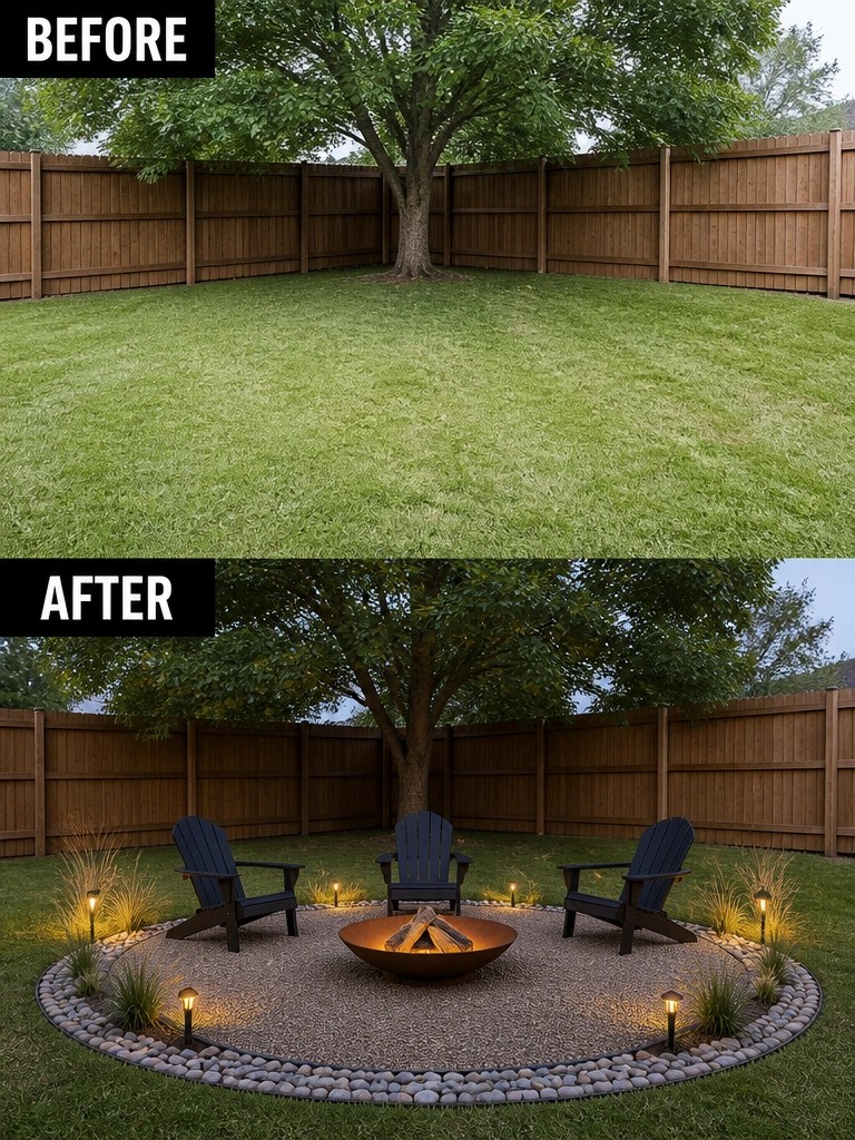 Before-and-after image of a plain grassy yard changed into a fire pit seating area with a gravel circle, chairs, and lights.
