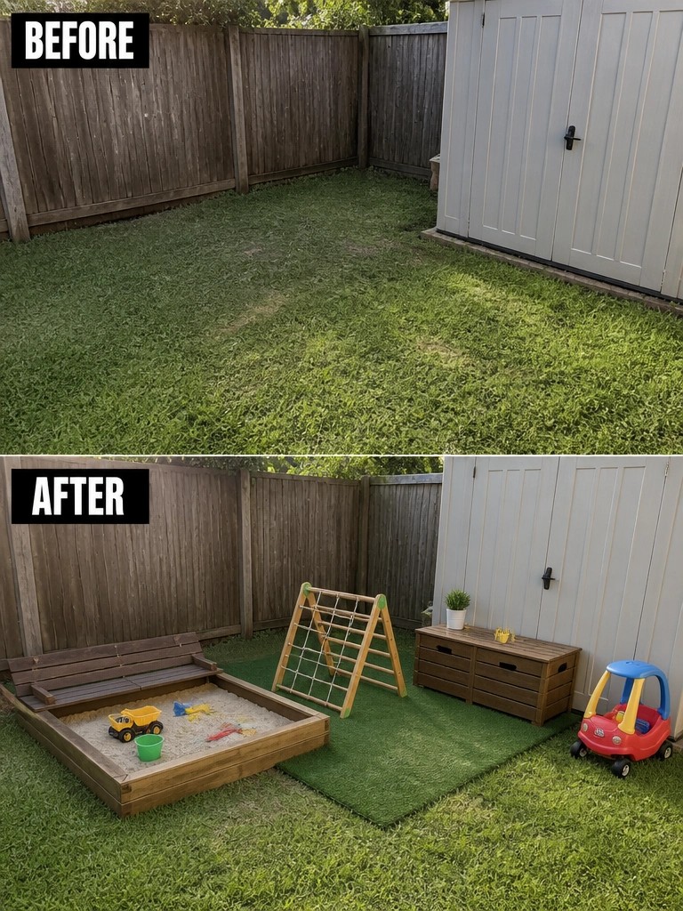 Before and after backyard makeover with sandbox, climbing frame, and toy storage added.