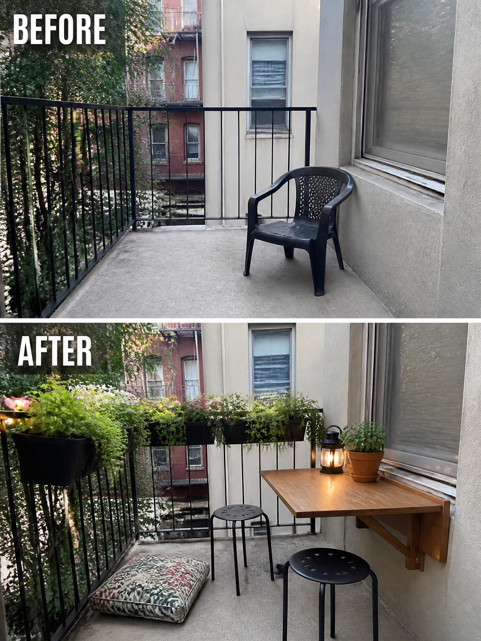 A balcony transformation with plants, a wooden table, and black stools, before and after.