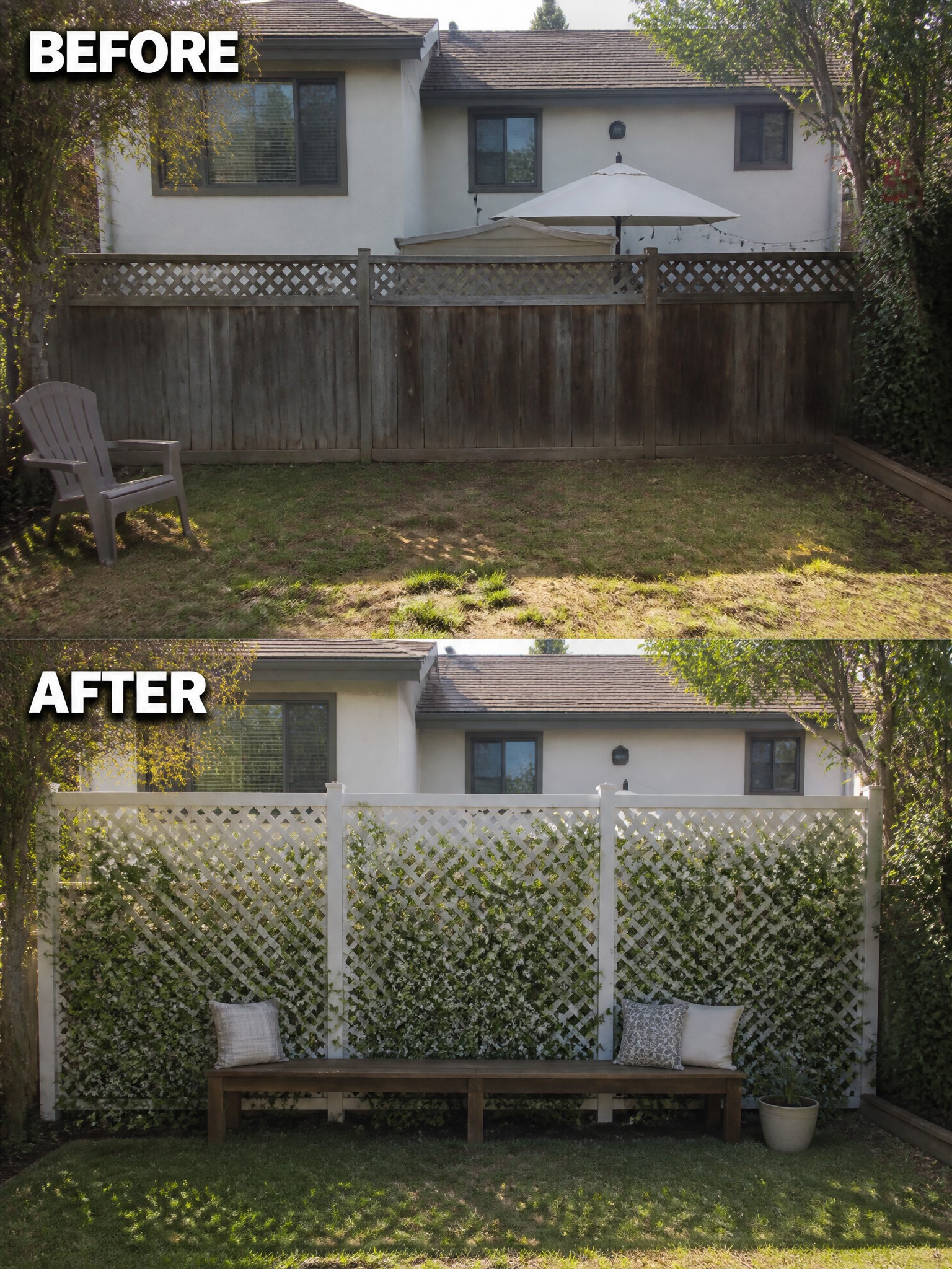 Before-and-after garden transformation showing a wooden fence replaced by a white lattice wall.