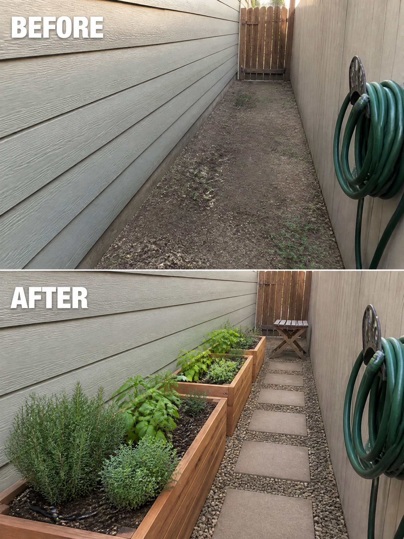 Before and after of a garden space featuring herb planters and a stone pathway.