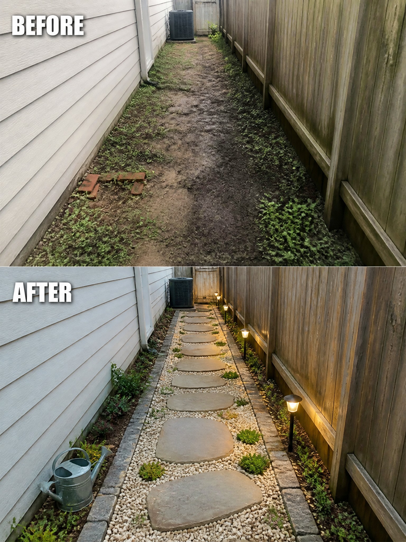 Before-and-after transformation of a narrow garden path with stones and lights.