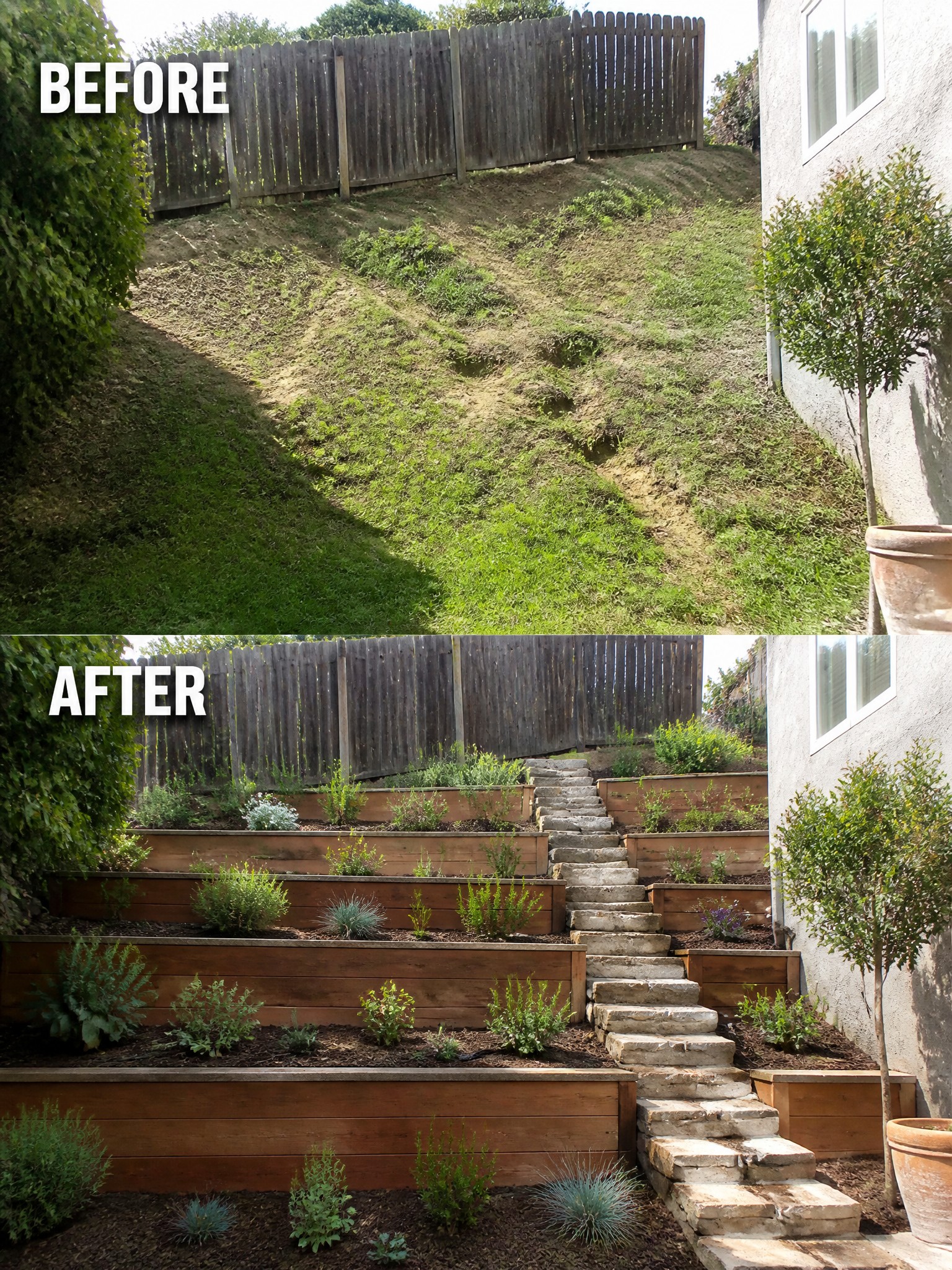 Before-and-after view of a transformed hillside garden with wooden terraces and plants.