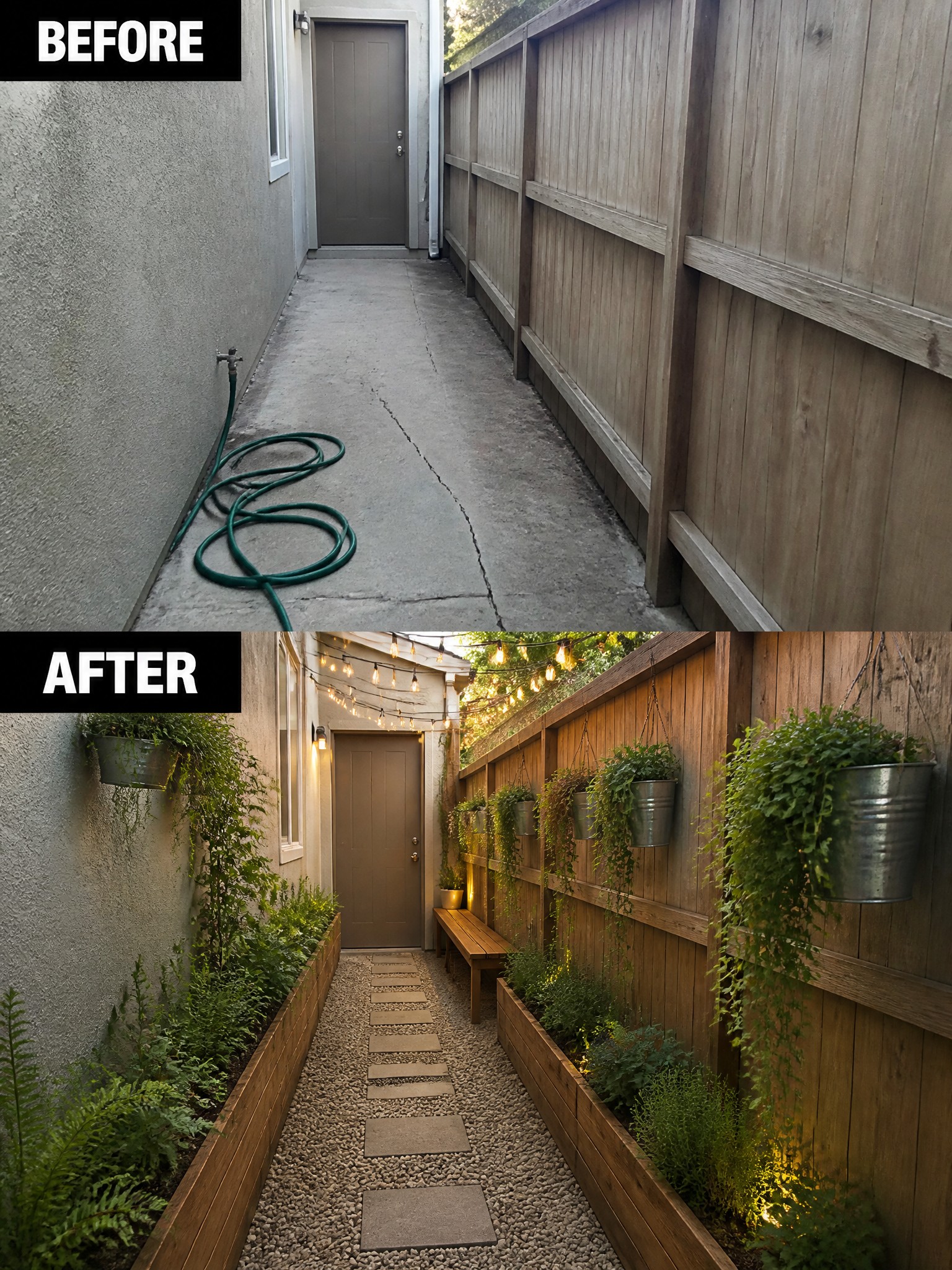 Transformed narrow walkway with gravel, plants, wooden planters, and soft string lights.