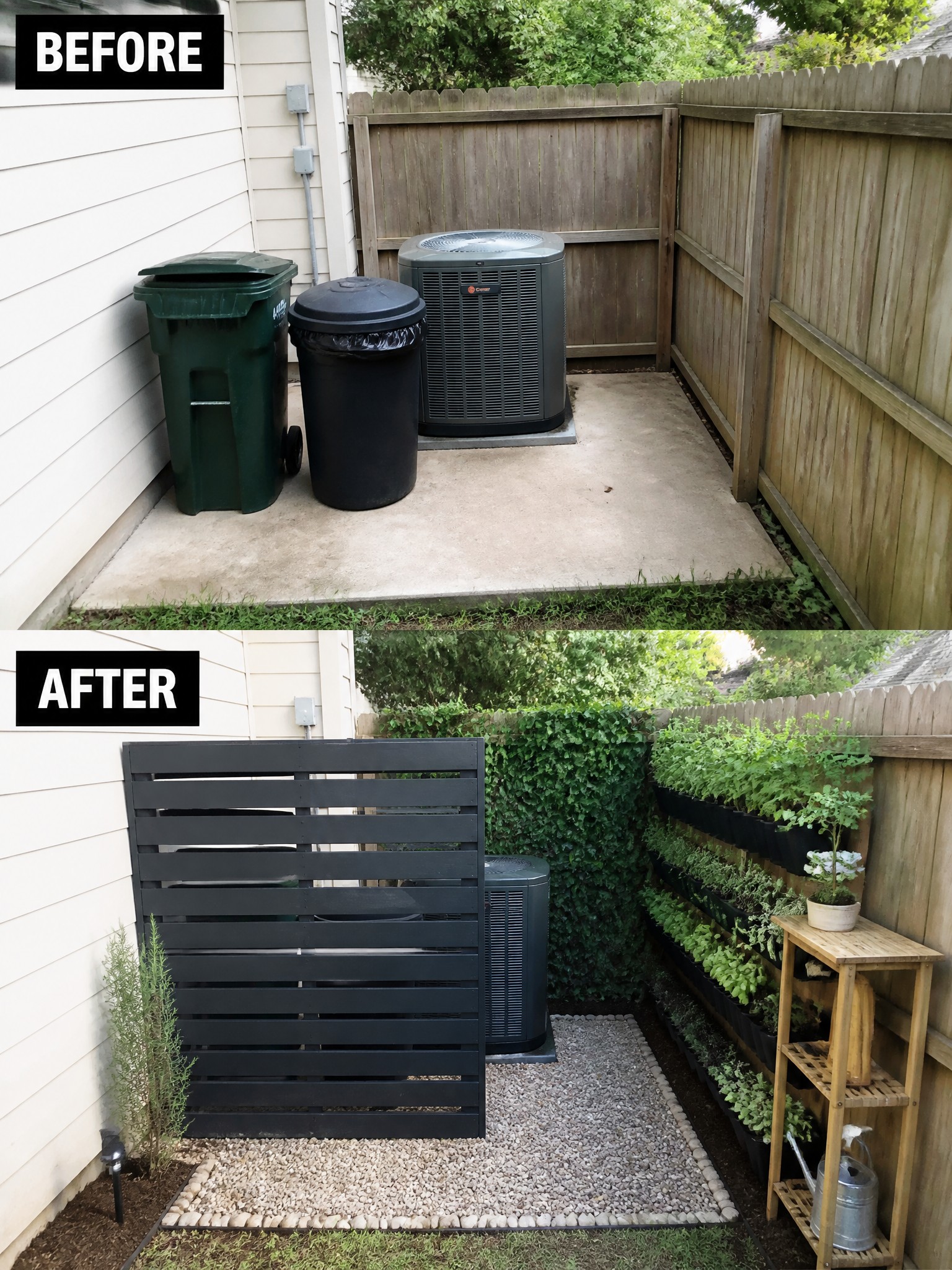 Before and after transformation of a small outdoor space with greenery and decorative elements.