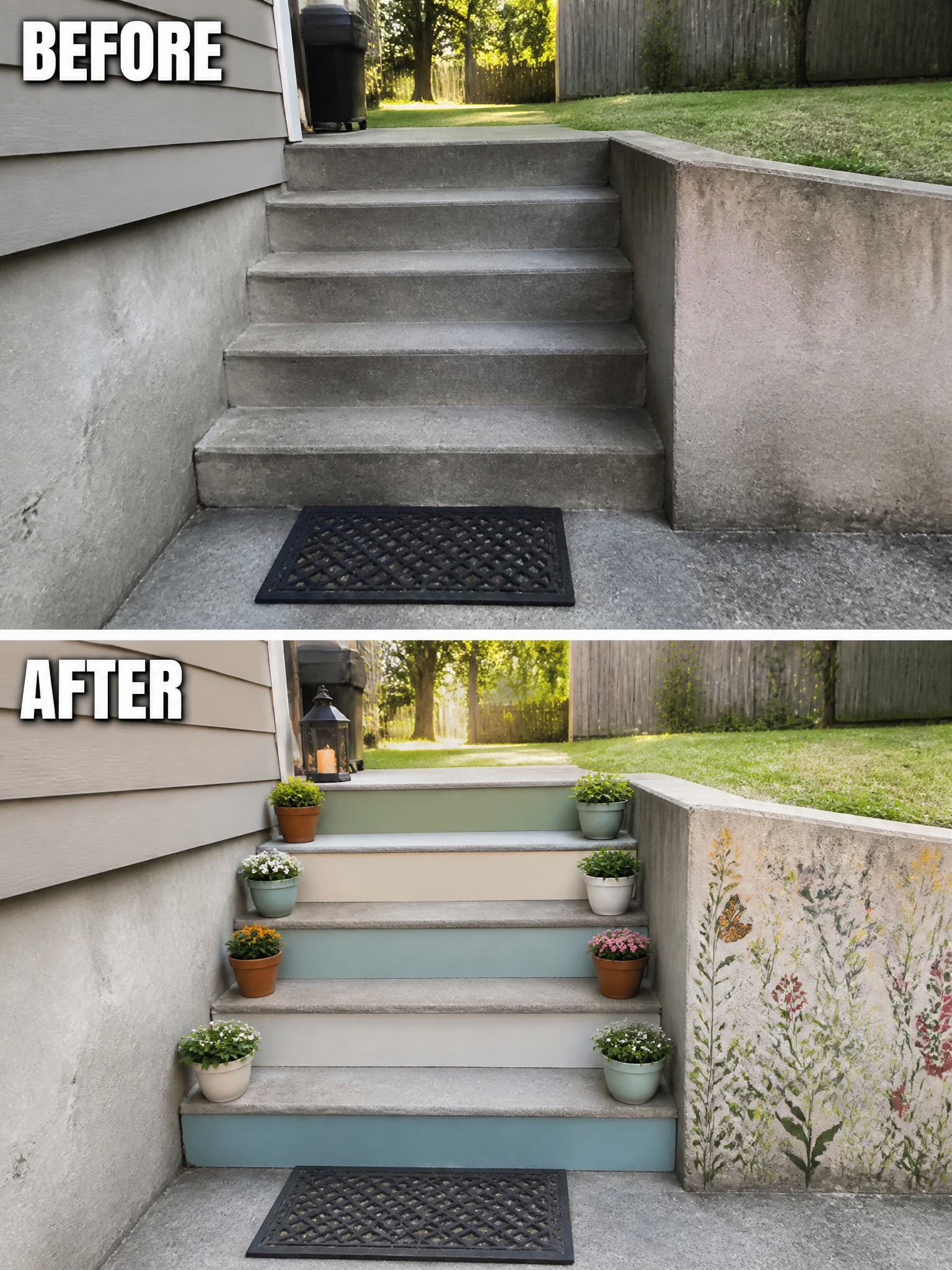 Before-and-after image of concrete backyard stairs updated with colorful painted risers, potted plants, and a floral mural on the wall.