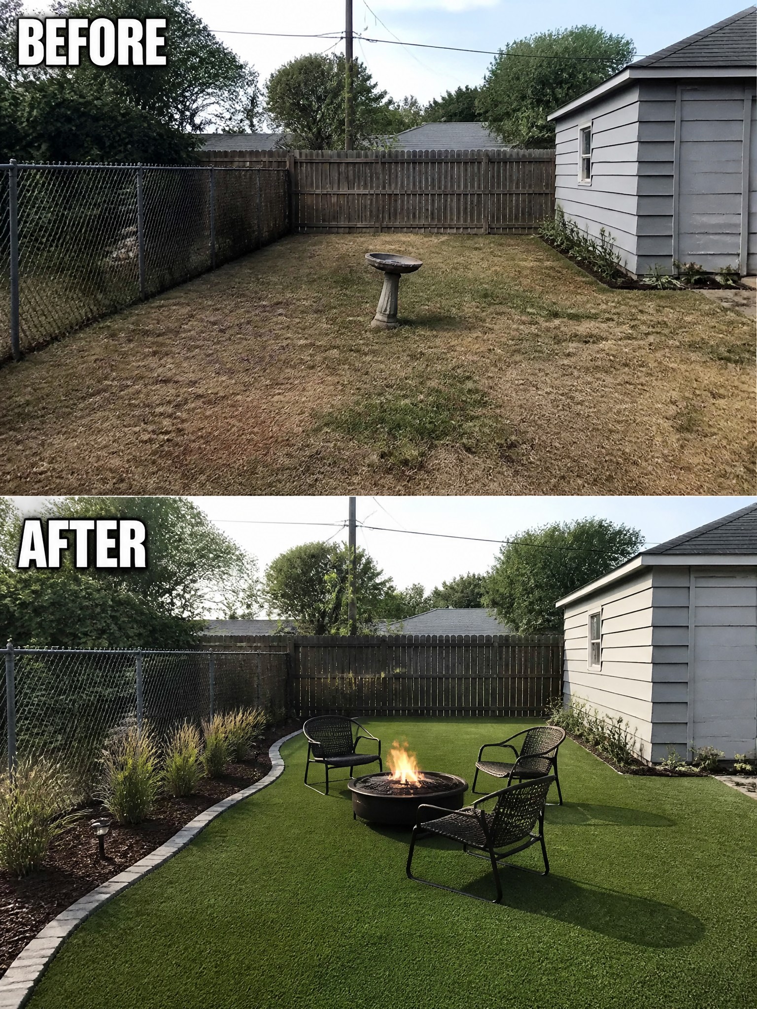 Before-and-after comparison of a transformed backyard with artificial grass and a fire pit.