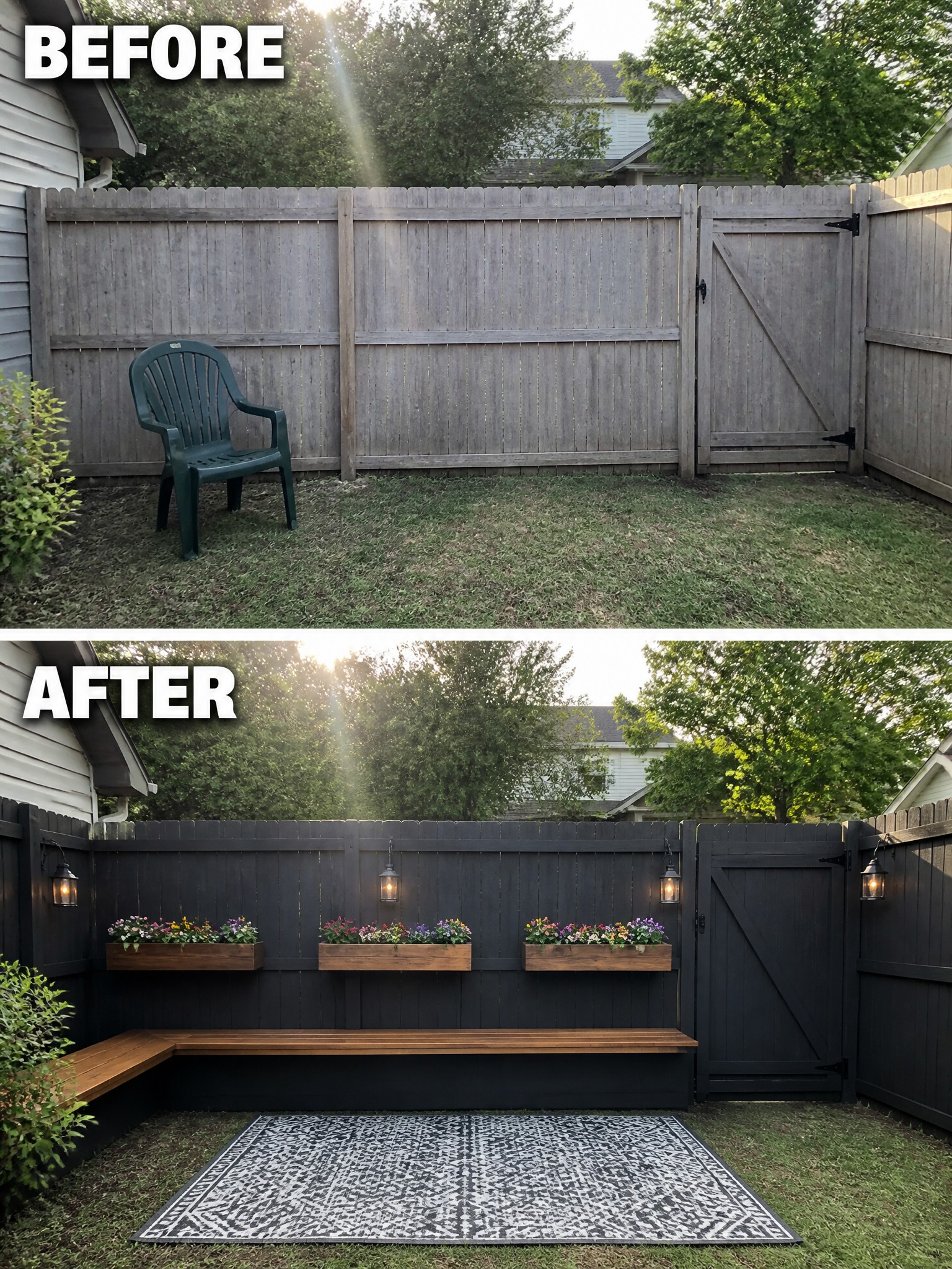 Before-and-after image of a grassy backyard with one plastic chair changed into a defined outdoor seating space with a rug, bench, planters, and lanterns.