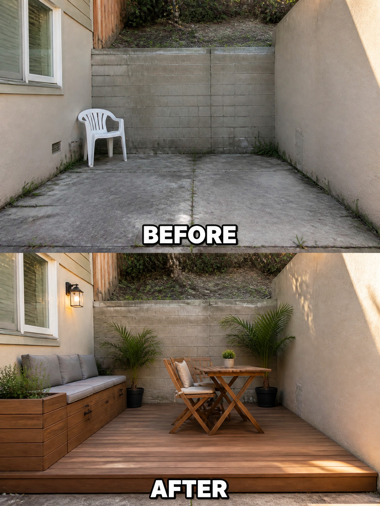 Before-and-after image of a concrete backyard transformed into a wooden deck with a dining table, chairs, built-in bench, and potted plants.