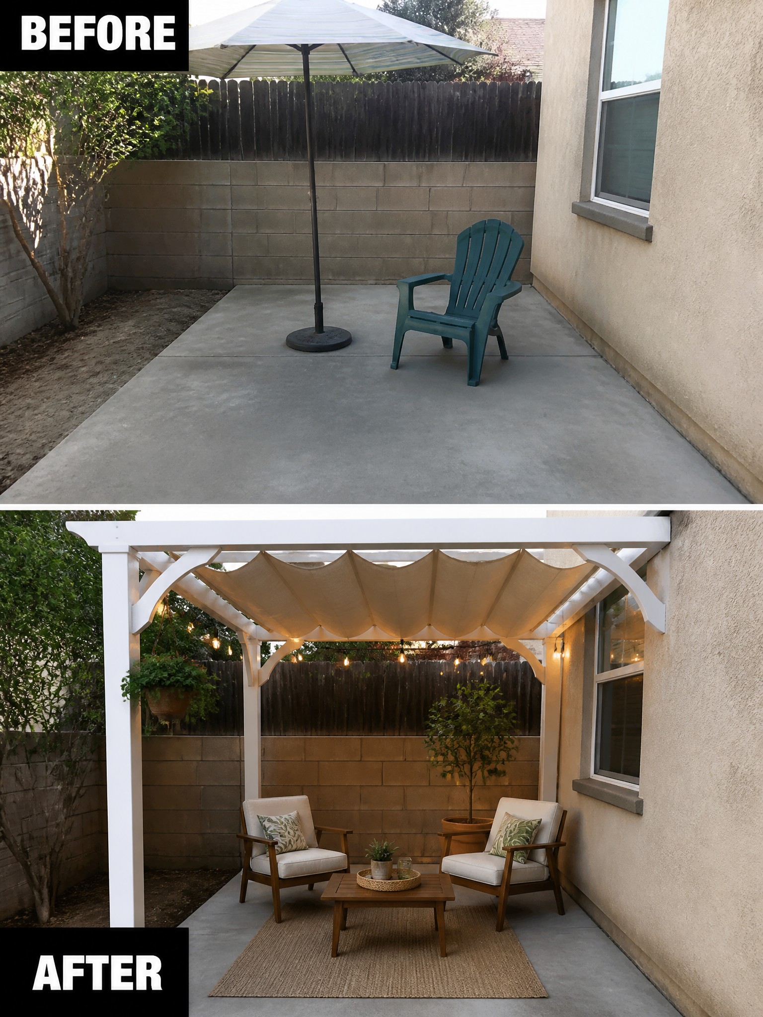Transformed patio: before with a chair and umbrella, after featuring a cozy seating area.