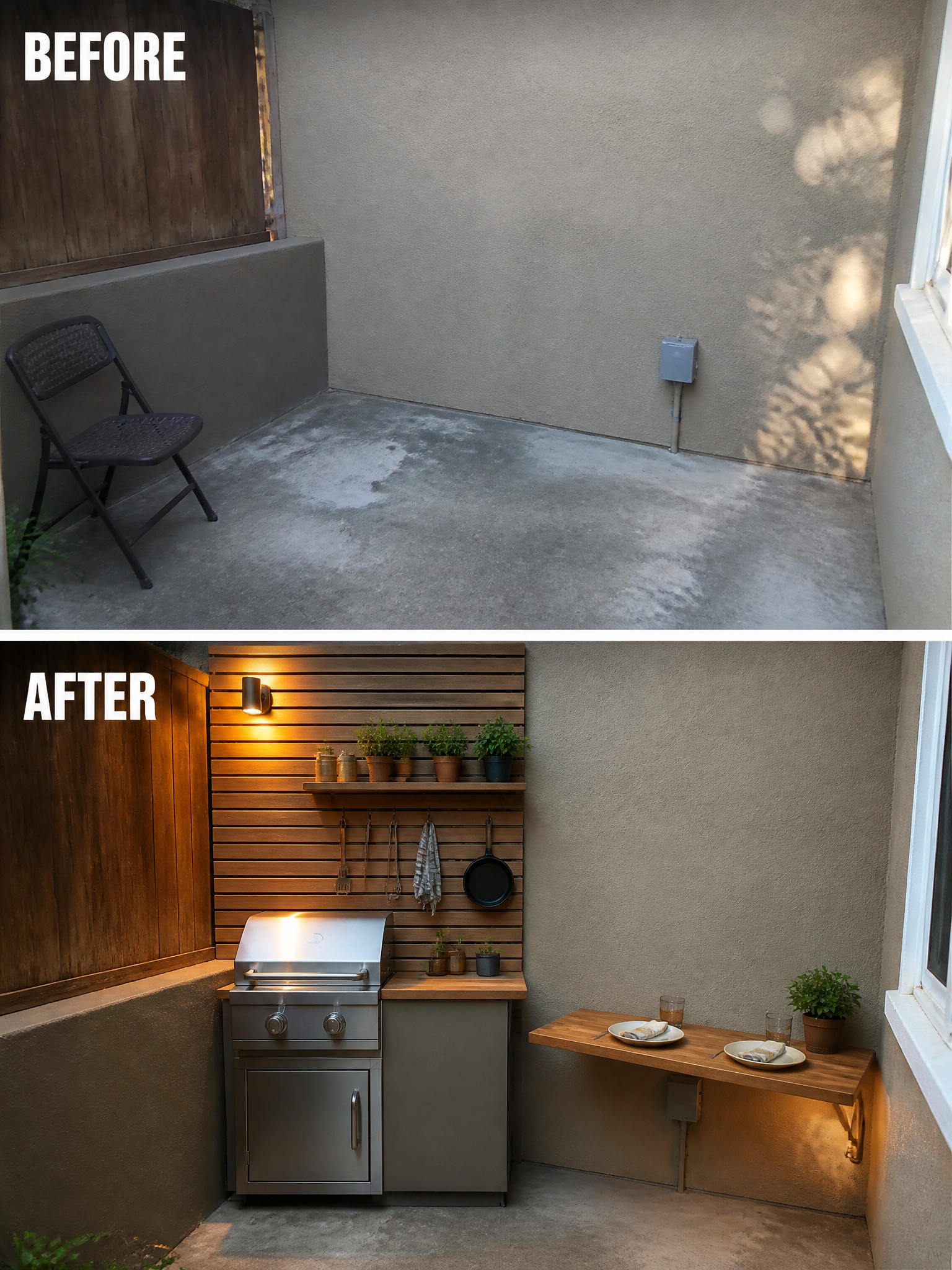 Before and after transformation of a small outdoor space with a grill and plants.