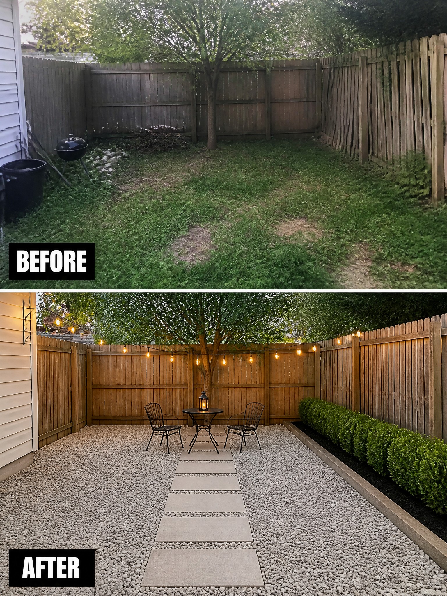 A transformed backyard with gravel, pathway stones, chairs, and string lights, creating a cozy space.