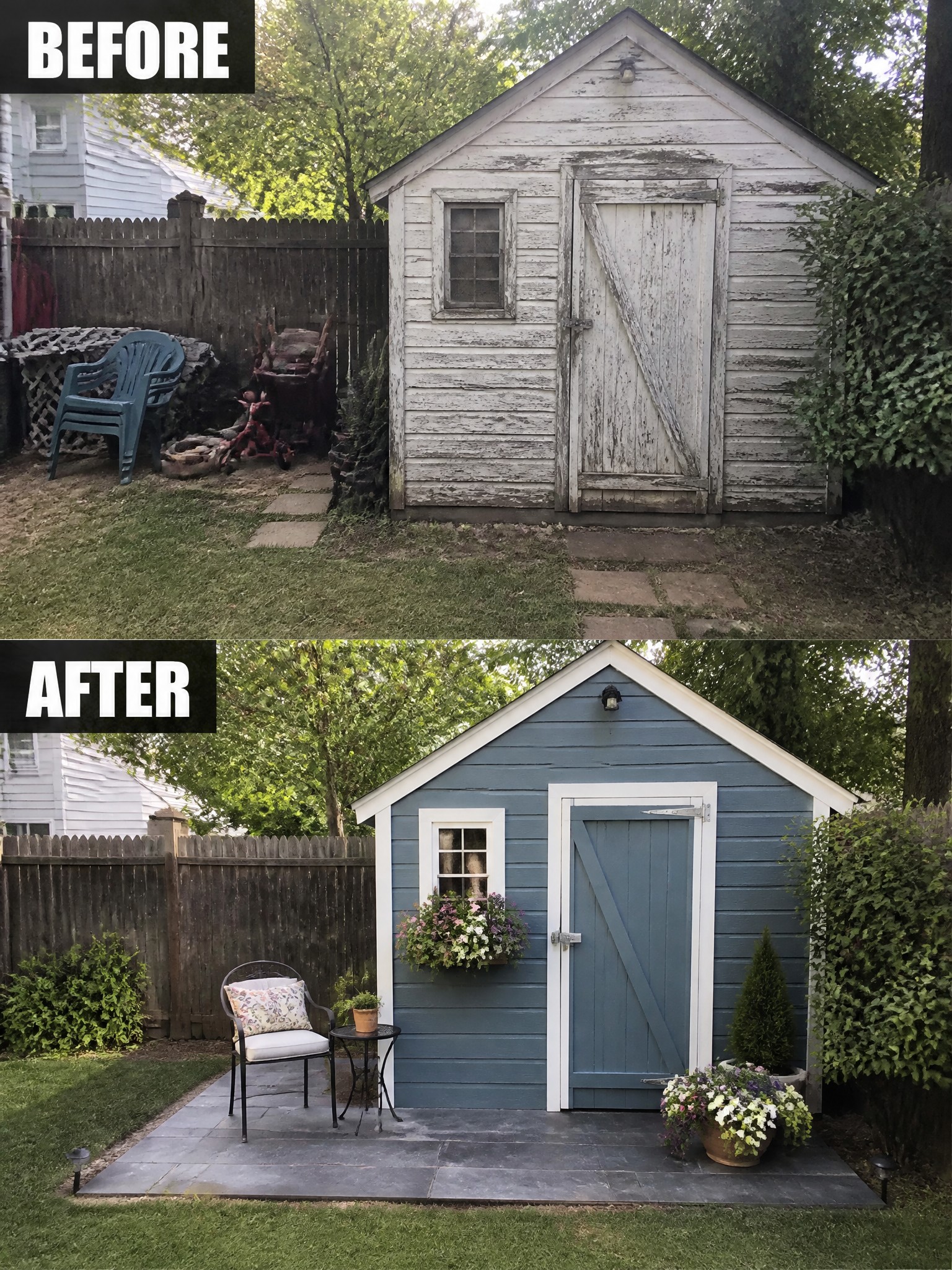 Before and after of a shed renovation, featuring a blue exterior and landscaping.
