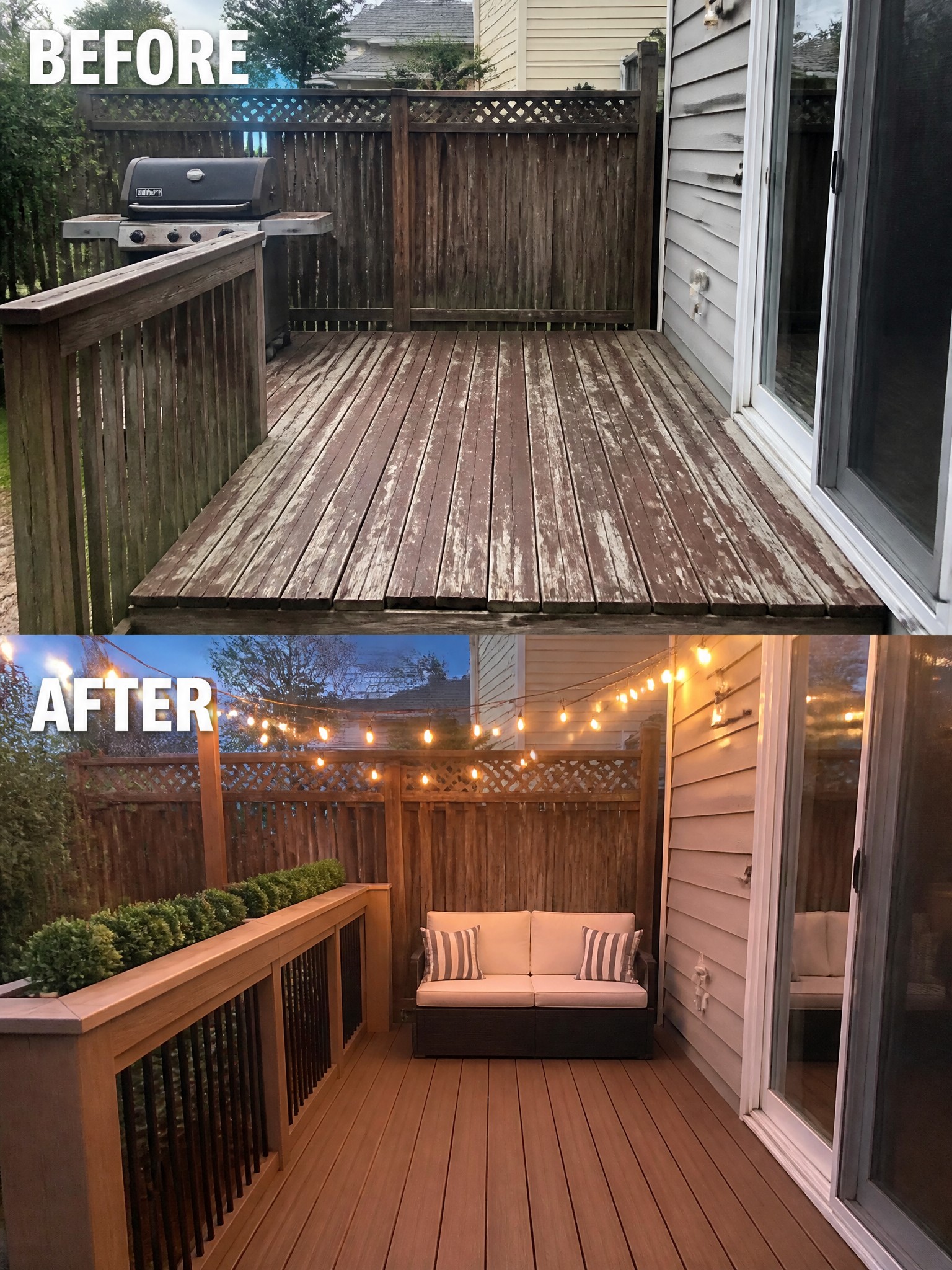 Before-and-after image of a weathered wooden deck transformed into a furnished outdoor space with a sofa, string lights, planters, and a refinished surface.