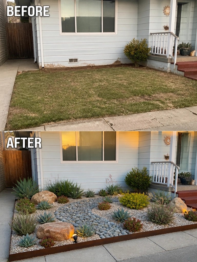 Before patchy lawn and after succulent rock garden with boulders at house.