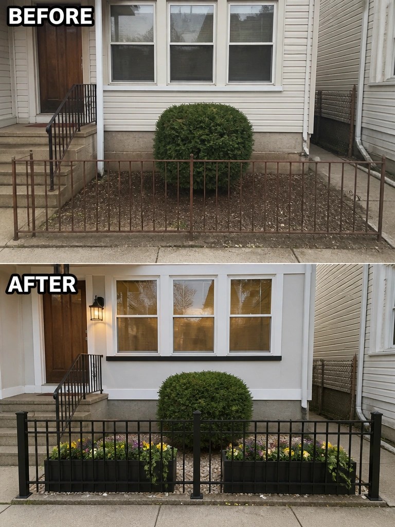 Before and after of house entrance with new black fence and flower planters.
