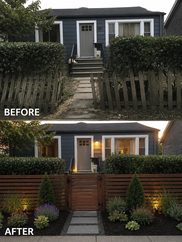 Before and after of house with new fence, gate, and landscaped garden