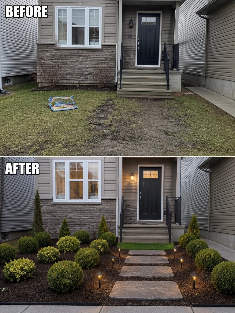 Before and after house entrance with new shrubs, stone path and lights.